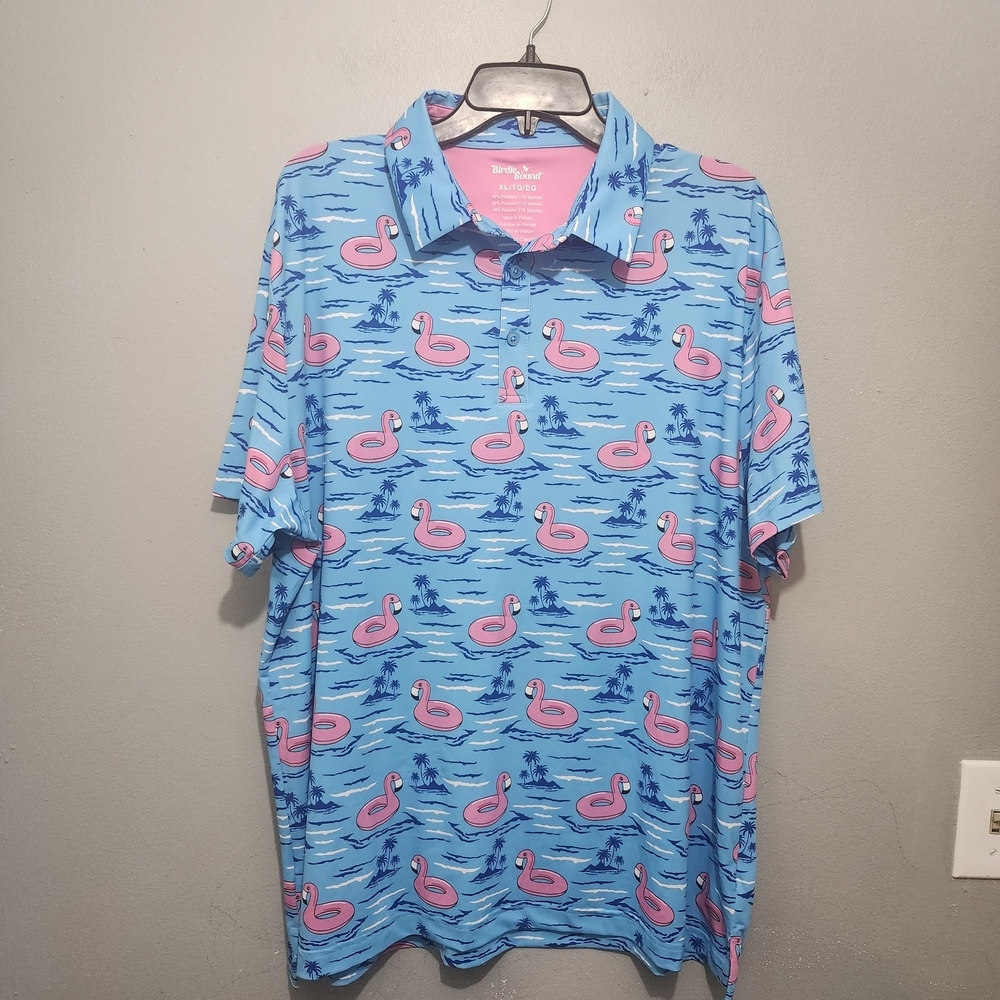 Birdiebound Mens Blue Flamingo Polo Shirt Size XL